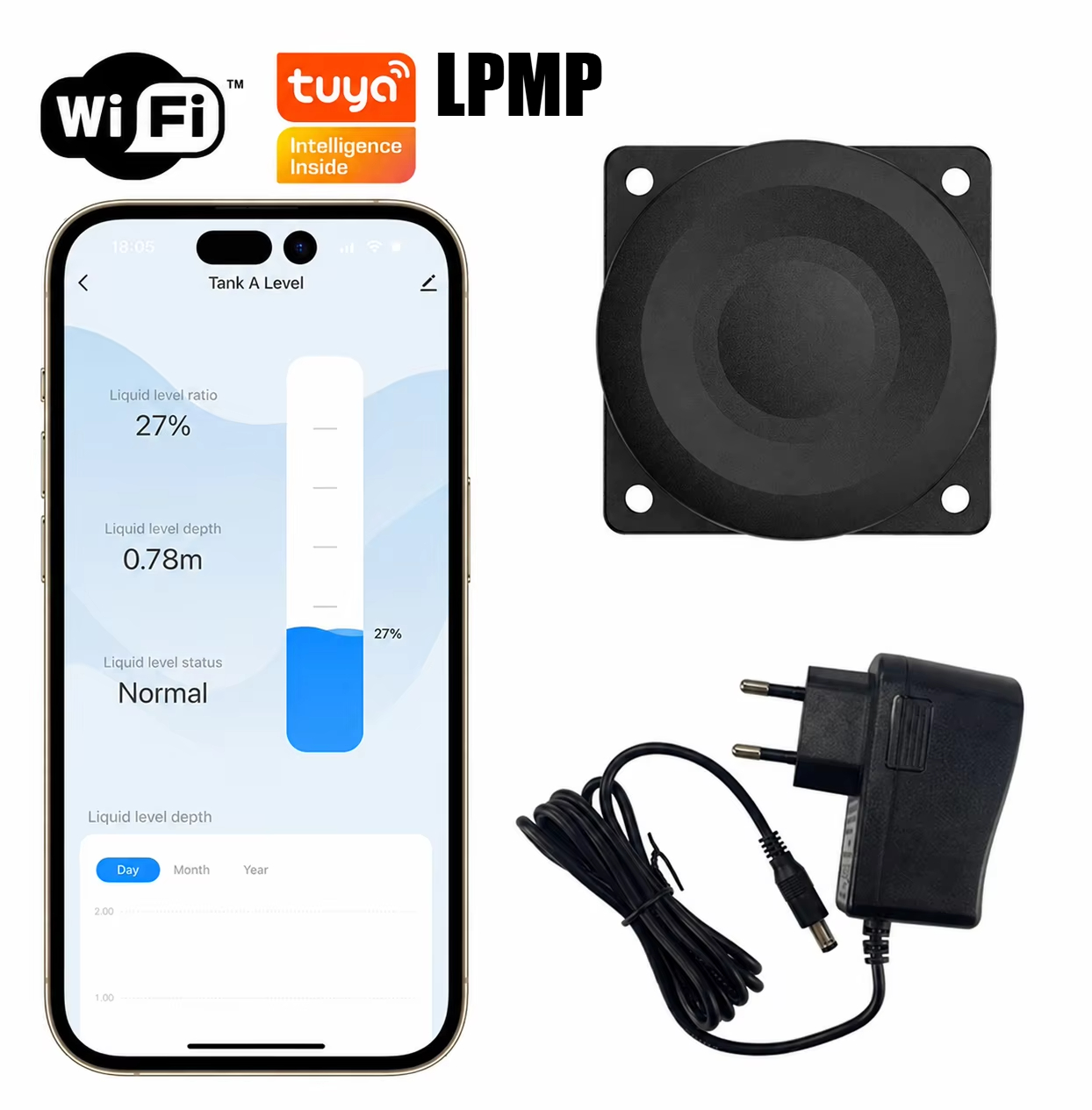 Smart Home Tuya Ultrasonic Water Tank Level Monitor System - WALE Tuya Inteligentny WiFi Ultradźwiękowy Miernik