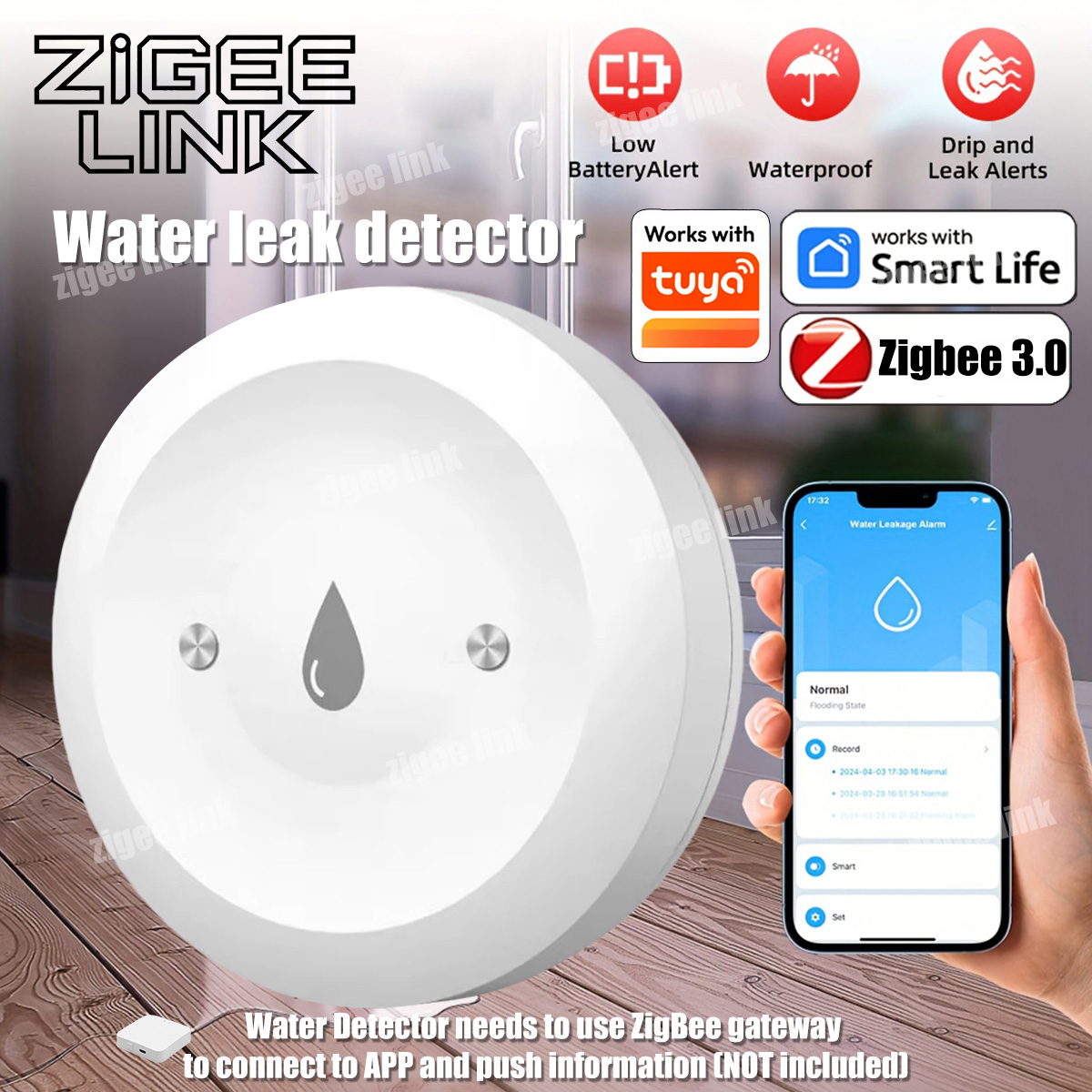 Smart Home Zentrale - Czujnik wody ZigBee 3.0, inteligentny detektor